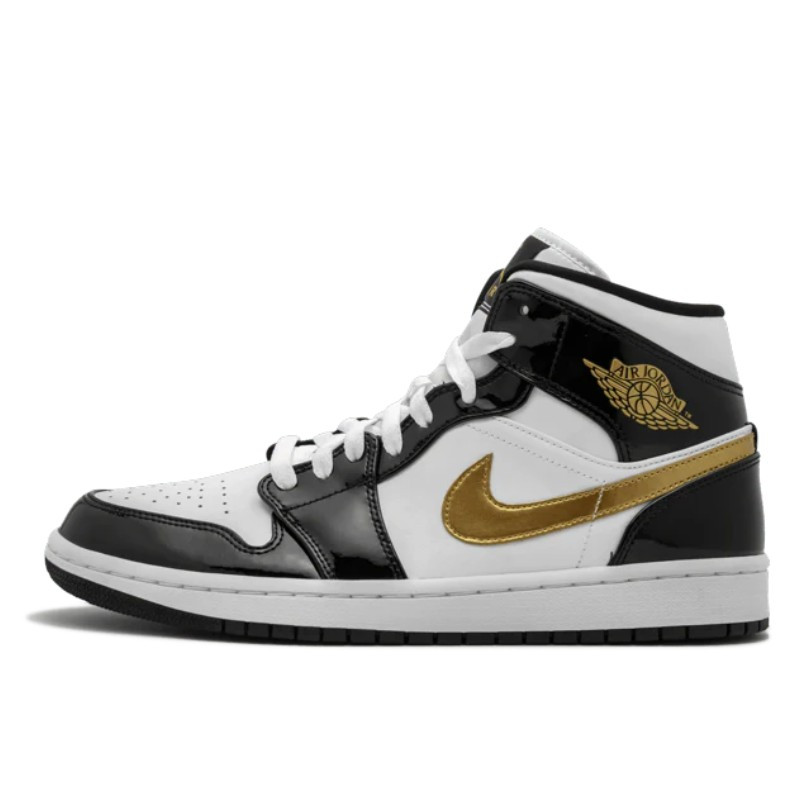 Air Jordan 1 Mid Patent Black White Gold - 1